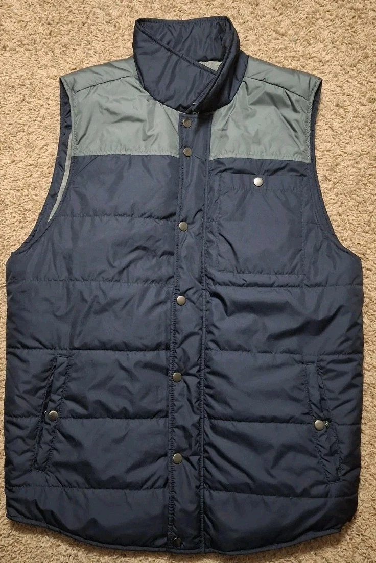 United By Blue Puffer Vest Mens Large Snap Zip Up Primaloft Navy Blue Hike Camp
