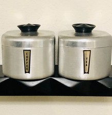 Vtg Aluminum Coffee  Tea Canisters Set Mid Century Modern Black Knobs Storage