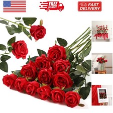 12PCS Artificial Flowers Fake Roses, Realistic Silk Long Stem Red Roses Bouqu...