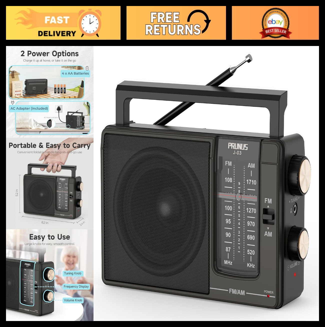 Portable AM FM Radio - Battery or Plug-In, Excellent Sound & Reception, Large Kn