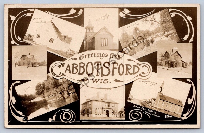 K64/ Abbotsford Wisconsin RPPC Postcard c1910 8View School Bank Church 14