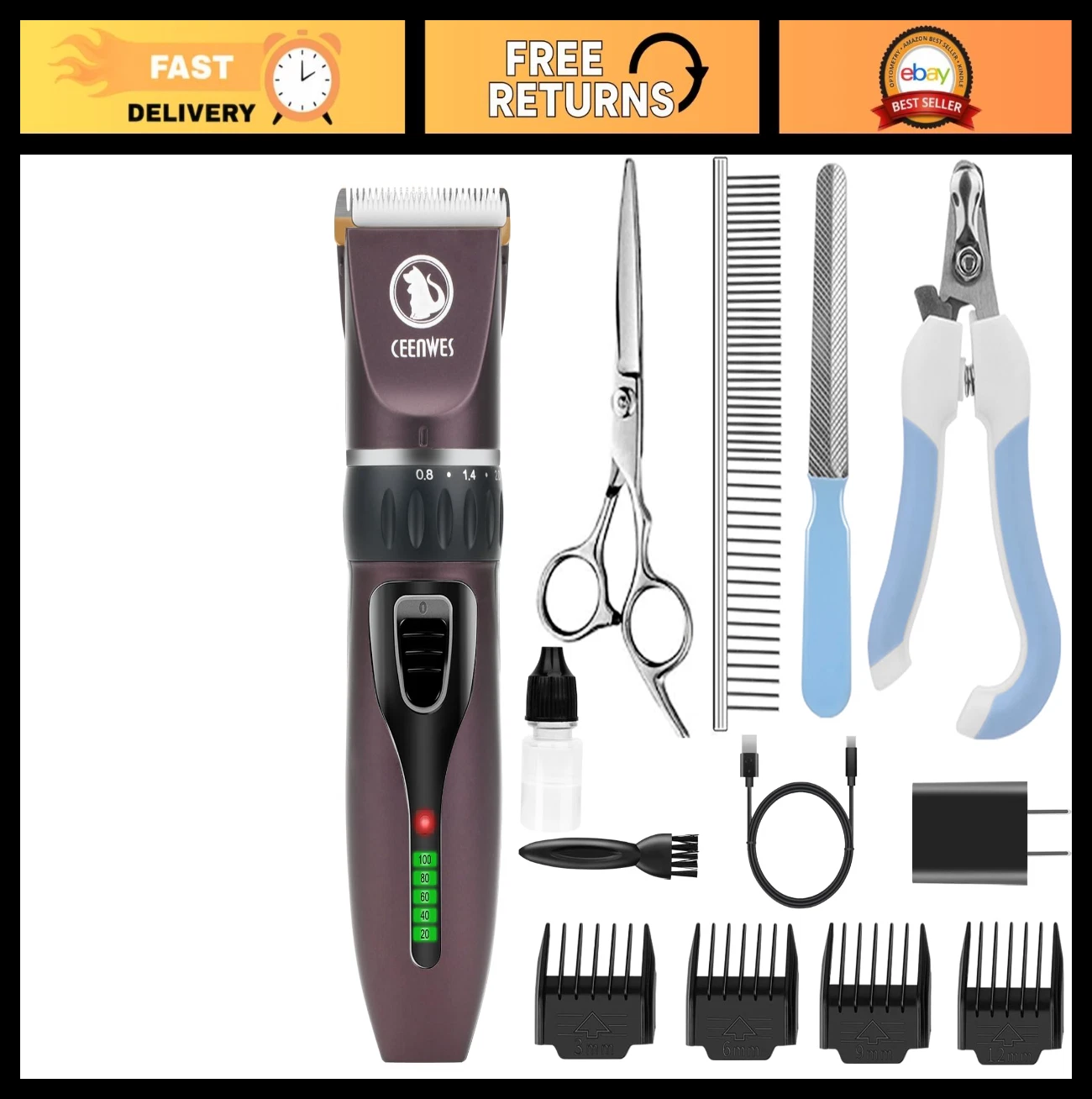 Cordless Dog Clippers Grooming Kit - Low Noise Rechargeable Pet Clippers with 4