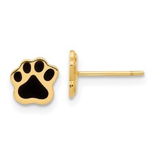 14K Yellow Gold Polished Paw with Black Enamel Post Stud Earrings L-6.6 mm