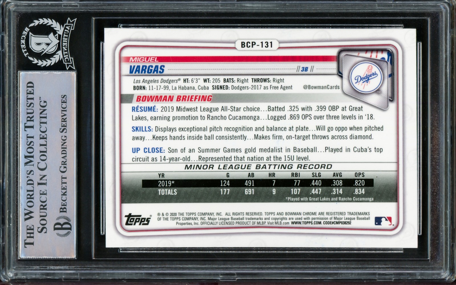 Miguel Vargas Auto 2020 Bowman Chrome RC BCP-131 Dodgers 1st MLB Hit 8/3/22 BAS view 2