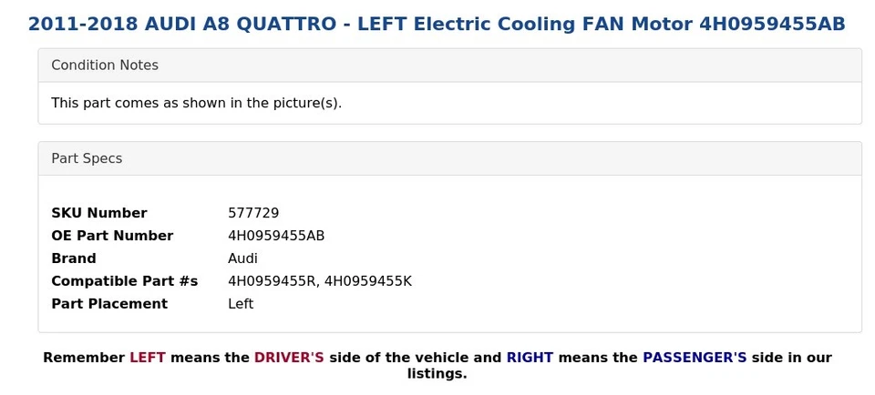 AUDI A8 QUATTRO 2011-2018 - motor ventilador eléctrico izquierdo 4H0959455AB Foto 3 de 4