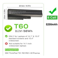 T60 Battery For IBM Lenovo Thinkpad T61 R60 R61 R500 T500 W500 R61e R61i 5200mAh