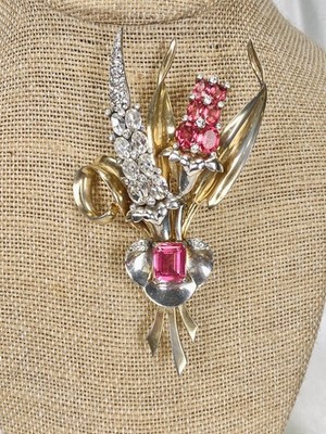Vintage Mazer Bouquet Brooch with Pink Clear Rhinestones Gold Toned AS IS