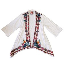 Johnny Was Embroidered Open Kimono Cardigan XL White Floral Boho Chic Western