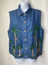 Life Style Womens Denim Vest Size XL Sequins Monkeys Summertime Maximalist Fun