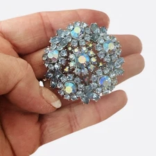 VTG Signed Alfred Phillipe Crown TRIFARI Brooch blue AB Rhinestone flower