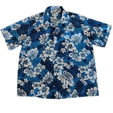 VTG Men's Hawaiian Shirt 100 Cotton Blue White Flowers Size Large By Aloha Line