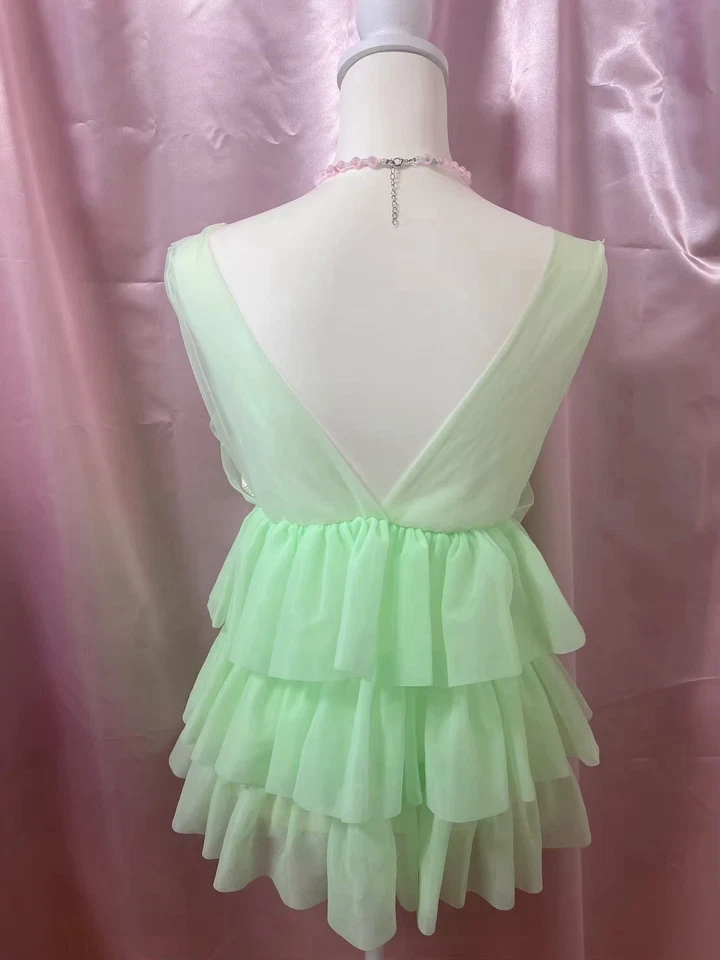 复古 20 世纪 80 年代糖果石灰褶边连衣裙 Fairycore Balletcore 美国海报 — 第 2/4 张图片