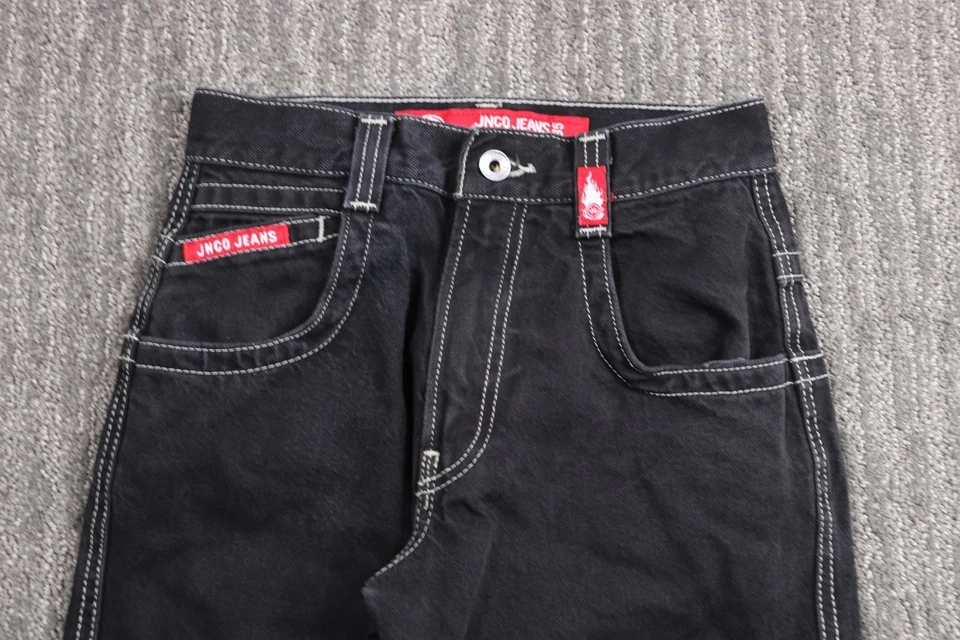 Pantalones de mezclilla de colección JNCO para niños talla 10 (24x24) Bull-dog parche holgados pierna ancha patinador negro Foto 3 de 4