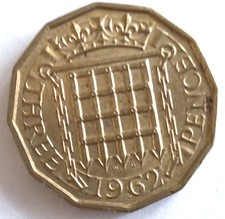 Queen Elizabeth II, 1962 Threepence Coin, Good Grade,           refge19