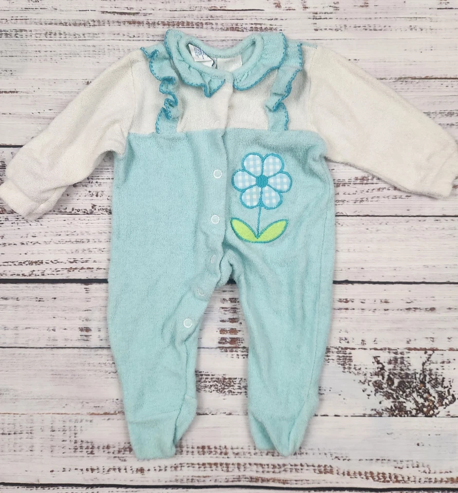 80s Vintage Carter’s USA Terry Footed Baby Romper Sleeper 0-3M Flower Applique - Image 2 of 4