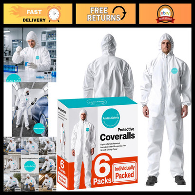 6 Pack Hazmat Suits, Paint Coveralls, Protective Lab Gear, Safety Apparel