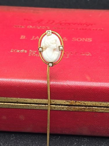 Womens Stick Pin Brooch 14K Yellow Gold Coral Cameo 1.9 Grams Jewelry Antique - Picture 2 of 4