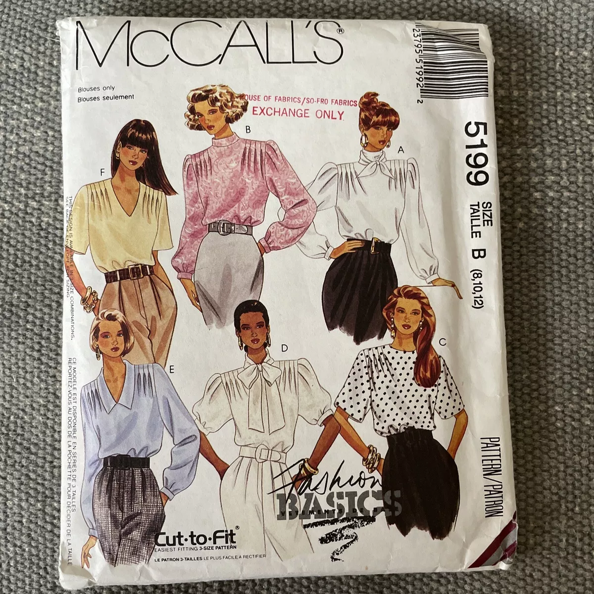 MCCALLS 5199 NEW Tuck Shoulder Blouse With Scarf, Collar or V Neck Size 10