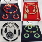 Women 18K Gold Plated Jade Lucky Pendant Necklace Bracelet Earrings Jewelry Set