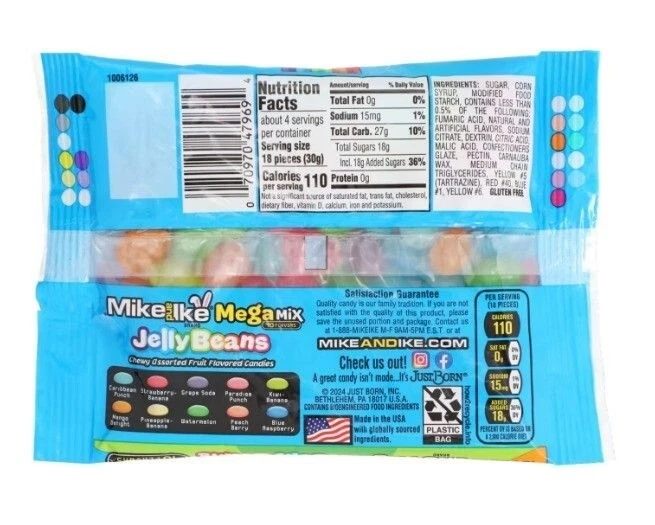 1 x Mike & Ike Mega Mix Jelly Beans 4 oz frutas sortidas sem glúten sem gordura... - Imagem 2 de 3