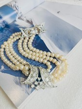 Crown Trifari 1940s White Beads Pearls Trio Strands Layers Crystals, Necklace