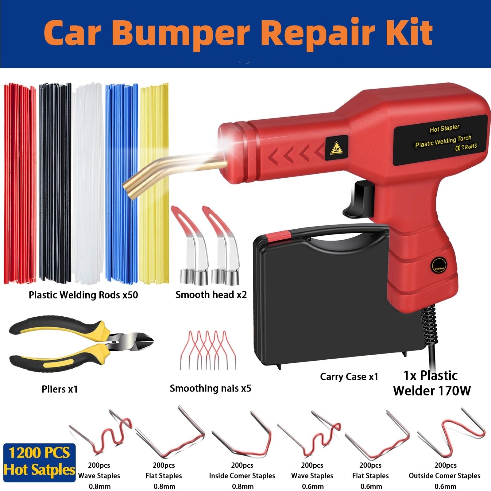Hot Stapler Gun Plastic Repair Car Bumper Fender Welder Repair Smoothing Kit-image
