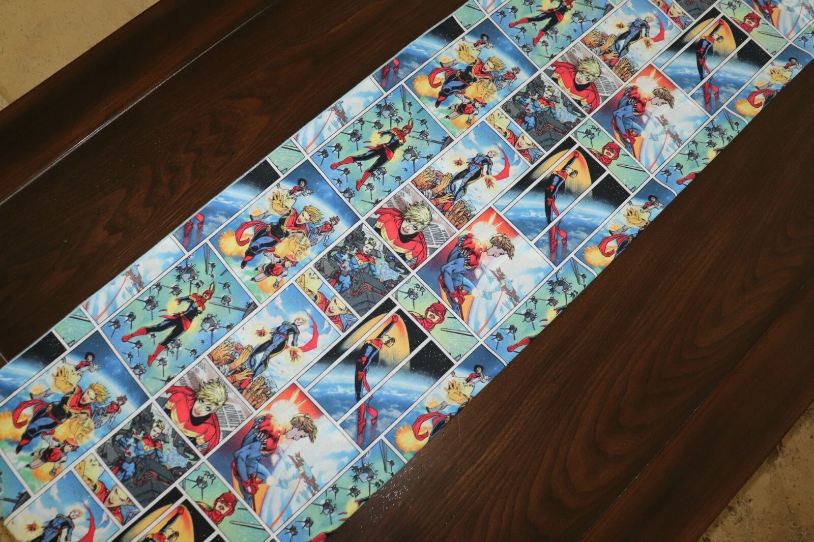 Captain Marvel Superhero Table Runner Birthday Themed Party Table Decor