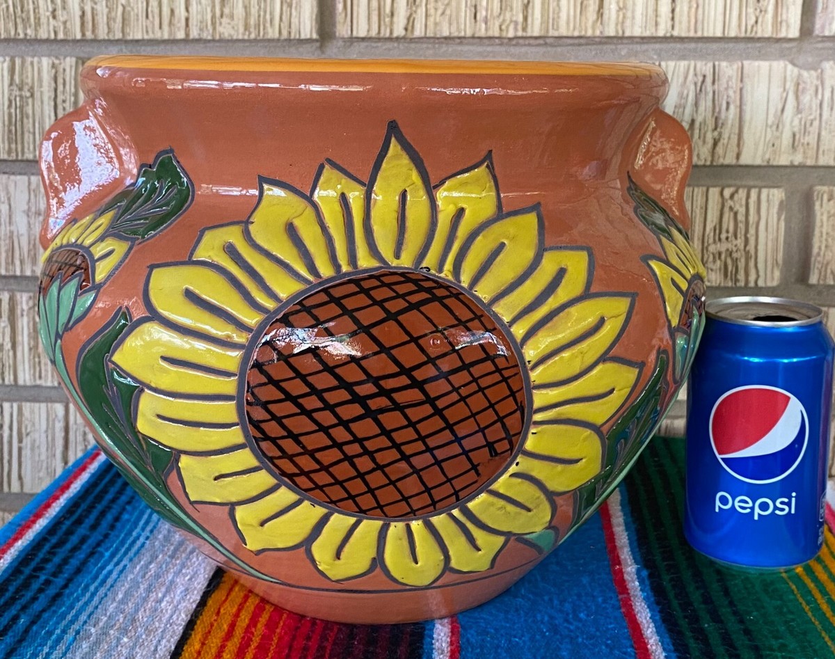 XLg MEXICAN TALAVERA Folk Art POTTERY SUN FLOWER POT PLANTER