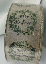 Members Mark Merry Christmas Holly Burlap Ribbon 2.5" Wire Edge 50yd New