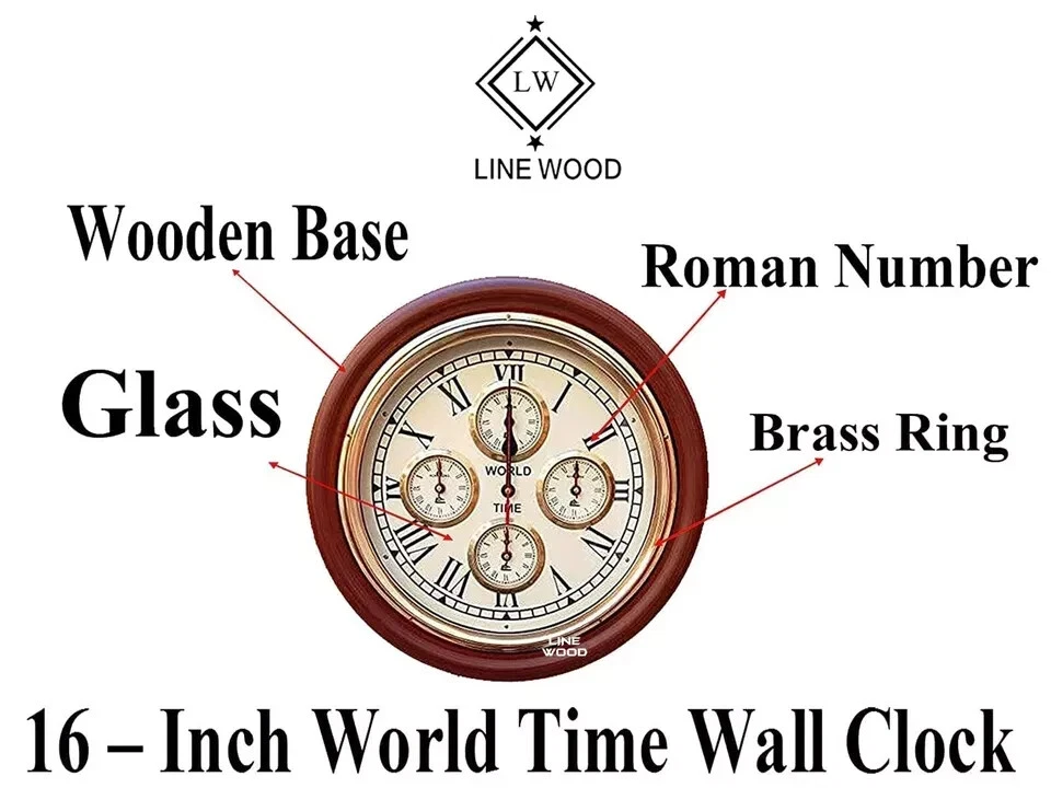 World Time Wood Wall Clock Antique Stayle Home & Office Decoration 40.6cm - Image 3 of 4