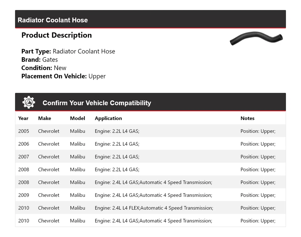 Верхние ворота шланга охлаждающей жидкости радиатора для Chevrolet Malibu 2005-2010 годов выпуска 2006 2007 2008 годов выпуска - Изображение 2 из 4
