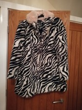 Hell Bunny Ladies Black And White Zebra Fur Winter Fluffy Coat Size Xs Uk 8