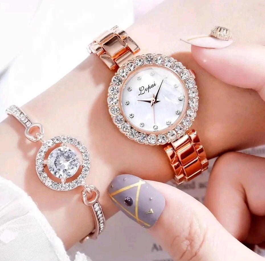 Designer American Diamond Rose Gold-Plated Bracelet Watch – Priyaasi