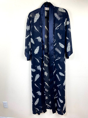 90s Judith Hart Fine Satin Intimate Black Robe S Semi-Sheer Long Kimono Leaves