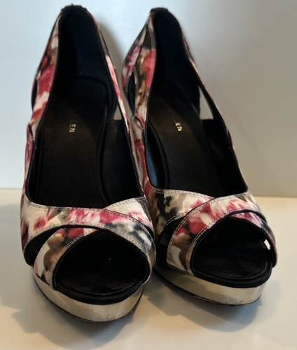 Karen Millen Designer Platform Heels Peep Toe Womens 9 40 Silk Floral Pink - Picture 14 of 16