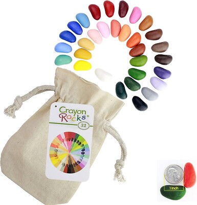 Crayon Rocks 32 Count Soy Wax Crayons Muslin Bag Non-Toxic Tripod Grip Kids Gift