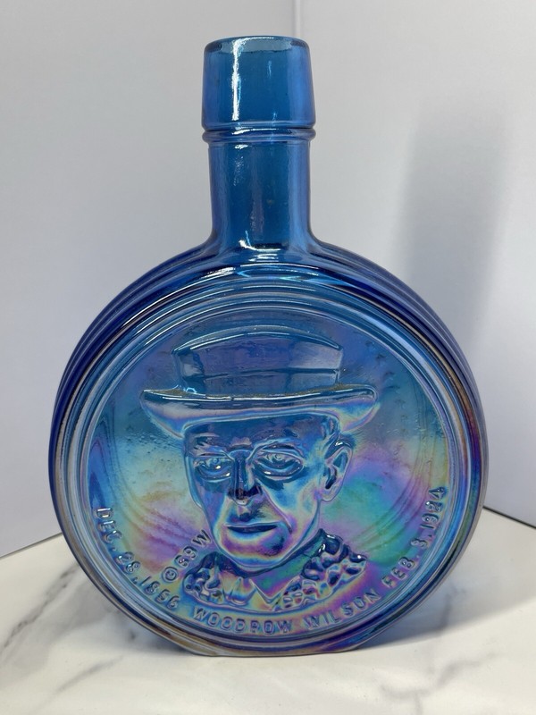 Vintage Woodrow Wilson Blue Glass Decanter Bottle Wheaton Nuline Presidential