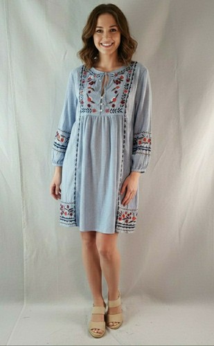 ZARA TRF Women's Blue cottagecore Embroidered Tie Neck Short  Dress Hippie L
