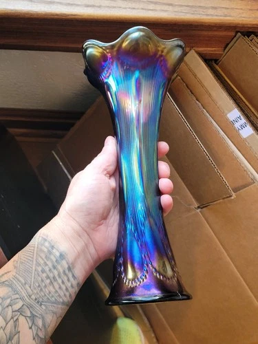 Odd Shaped Mouth Light Purple Imperial Carnival Glass Beaded Bullseye Vase