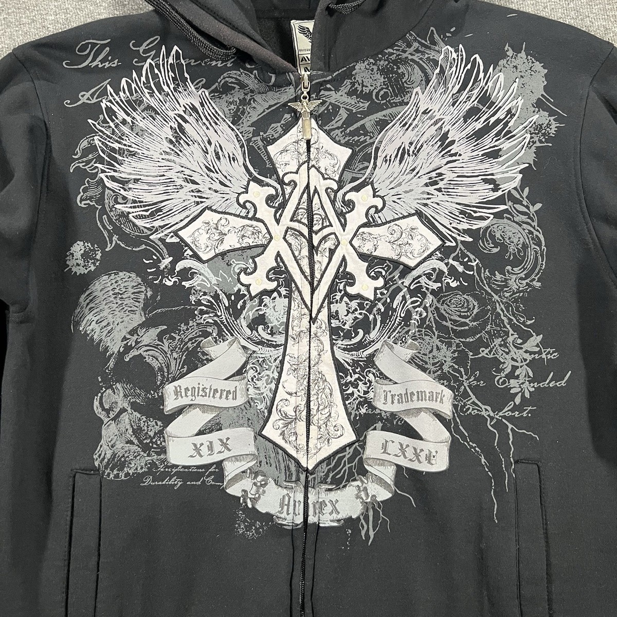 Vintage Avirex Y2K Gothic Cross Wings Zip Hoodie Men's M Black