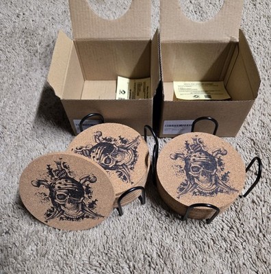 Set Of 16 4'' Cork Coasters W/ Holders Pirate Skull Coffee Drink Beverage Tea