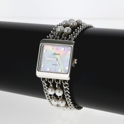 Women's JOURNI Silver Finish Quartz Watch with Heavy Chain & Faux Pearls Charms