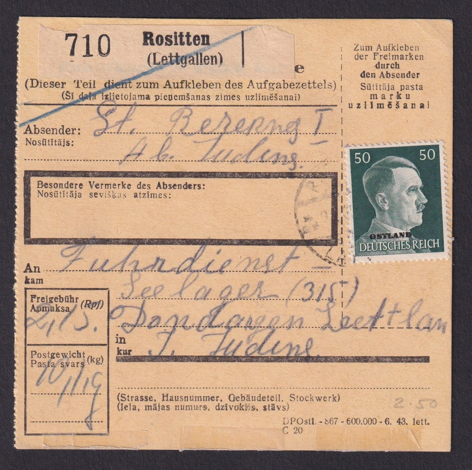LETONIA 1943 Ostland, paquete tarjeta de Rositten (Rezekne), Segunda Guerra Mundial Foto 2 de 3