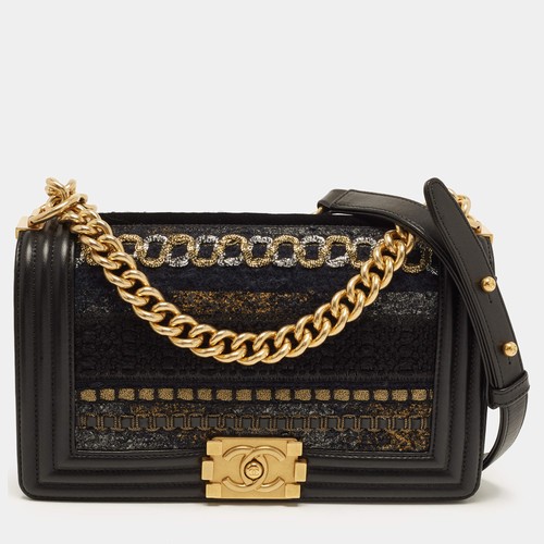 Chanel Boy Medium Black Metallic Tweed and Leather Flap Bag