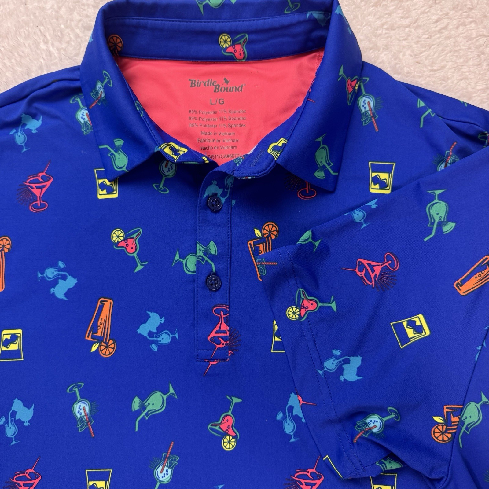 Birdie Bound Men's LargeGolf Polo Shirt Stretch Performance Blue Bar Cocktail