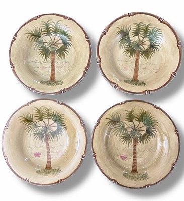 4 Tabletops Unlimited BORA BORA 11  Dinner Plates Hand Painted Palm Tree Bamboo