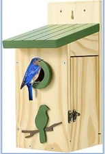 Wooden Birdhouse with Green Roof and Decorative Bluebird