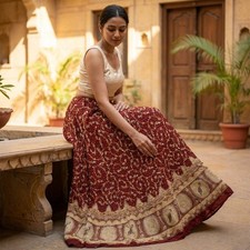 Sanskriti New Maroon Pure Silk Unstitched Indian Lehenga Hand Embroidery Zardozi