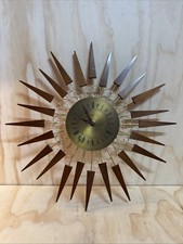 Vintage Mid-Century Paico Sunburst/Starburst Wall Clock Brass Teak 1970s Retro 