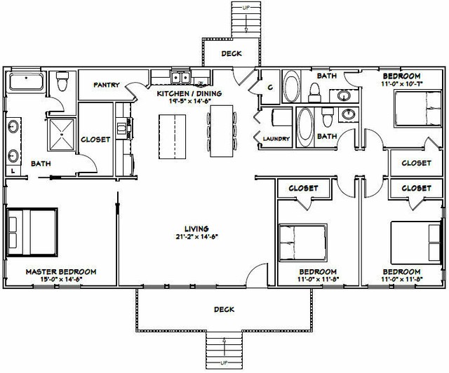 60x30 House 4 bedroom 3 Bath 1,800 sqft PDF Floor